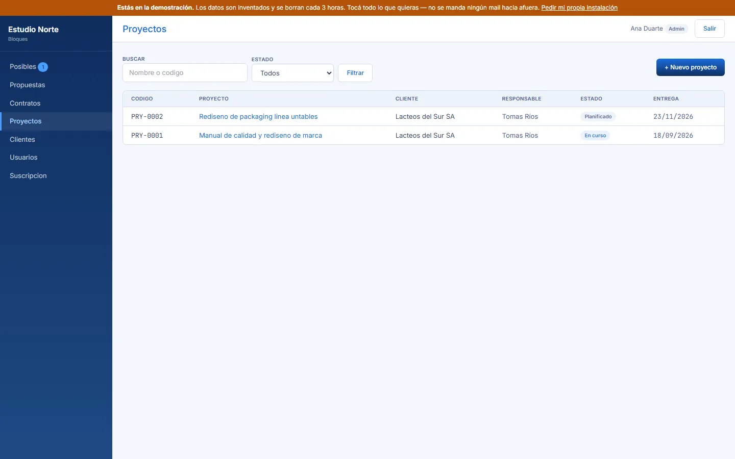Pantalla de Portal de Proyectos